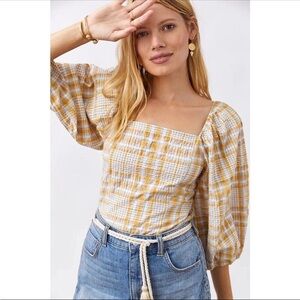 Maeve plaid square neck blouse neutral motif Cropped Puff Sleeve M Cottage Boho